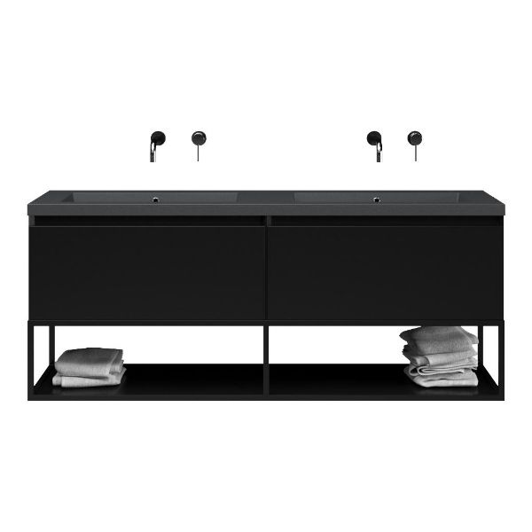 Bellanti Solo/Tela/Esta-Q badmeubel 160x46 2 softclose laden mat zwart greeploos quartz dubbele wastafel mat grijs zonder kraangaten met mat zwart metalen frame
