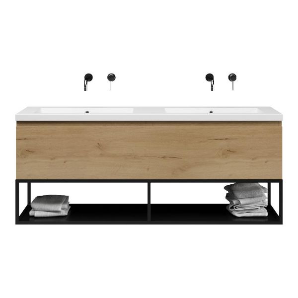 Bellanti Solo/Tela/Esta-Q badmeubel 160x46 2 softclose laden eiken natuur greeploos quartz dubbele wastafel mat wit zonder kraangaten met mat zwart metalen frame