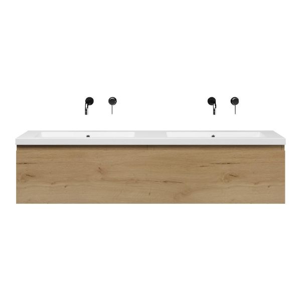 Bellanti Solo/Esta-Q badmeubel 160x46 2 softclose laden eiken natuur greeploos quartz dubbele wastafel mat wit zonder kraangaten