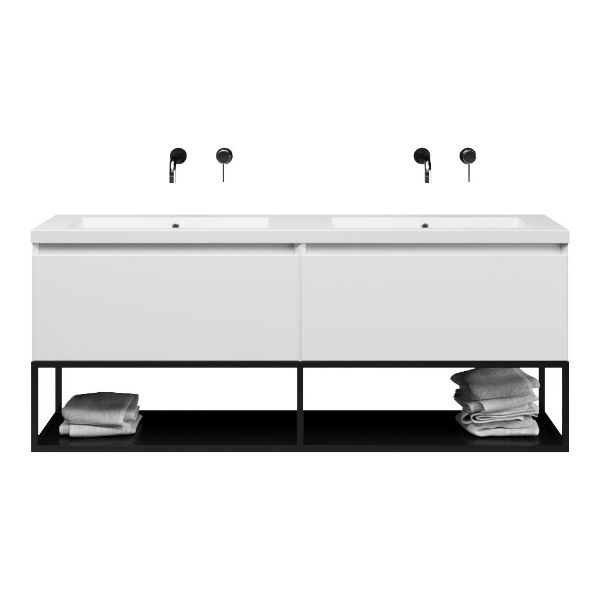 Bellanti Solo/Tela/Esta-Q badmeubel 160x46 2 softclose laden hoogglans wit greeploos quartz dubbele wastafel mat wit zonder kraangaten met mat zwart metalen frame