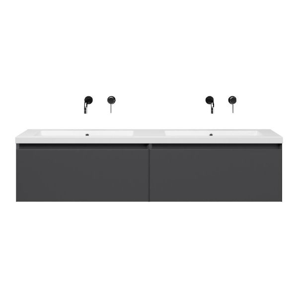 Bellanti Solo/Esta-Q badmeubel 160x46 2 softclose laden mat antraciet greeploos quartz dubbele wastafel mat wit zonder kraangaten