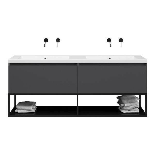 Bellanti Solo/Tela/Esta-Q badmeubel 160x46 2 softclose laden mat antraciet greeploos quartz dubbele wastafel mat wit zonder kraangaten met mat zwart metalen frame