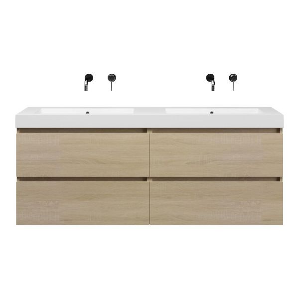 Bellanti Elena/Esta-Q badmeubel 160x46 4 softclose laden eiken licht greeploos quartz dubbele wastafel mat wit zonder kraangaten