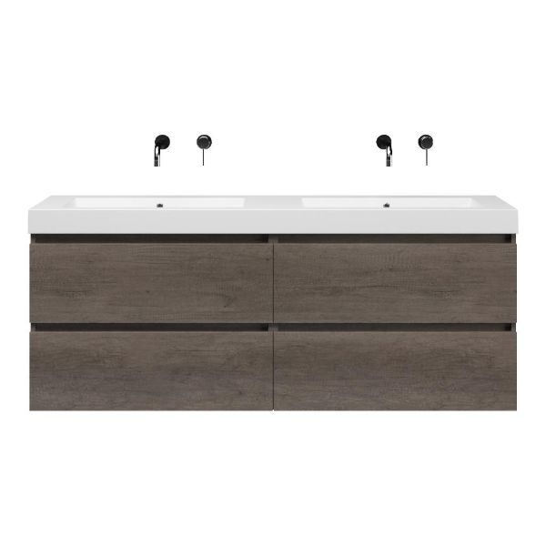 Bellanti Elena/Esta-Q badmeubel 160x46 4 softclose laden olm donker grijs greeploos quartz dubbele wastafel mat wit zonder kraangaten