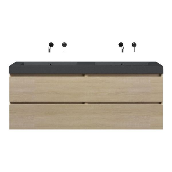 Bellanti Elena/Esta-Q badmeubel 160x46 4 softclose laden eiken licht greeploos quartz dubbele wastafel mat grijs zonder kraangaten