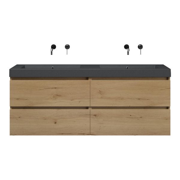 Bellanti Elena/Esta-Q badmeubel 160x46 4 softclose laden eiken natuur greeploos quartz dubbele wastafel mat grijs zonder kraangaten