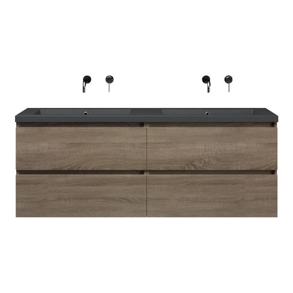 Bellanti Elena/Esta-Q badmeubel 160x46 4 softclose laden eiken donker greeploos quartz dubbele wastafel mat grijs zonder kraangaten