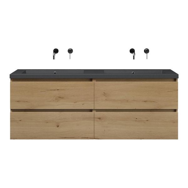 Bellanti Elena/Esta-Q badmeubel 160x46 4 softclose laden eiken natuur greeploos quartz dubbele wastafel mat grijs zonder kraangaten