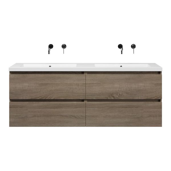 Bellanti Elena/Esta-Q badmeubel 160x46 4 softclose laden eiken donker greeploos quartz dubbele wastafel mat wit zonder kraangaten