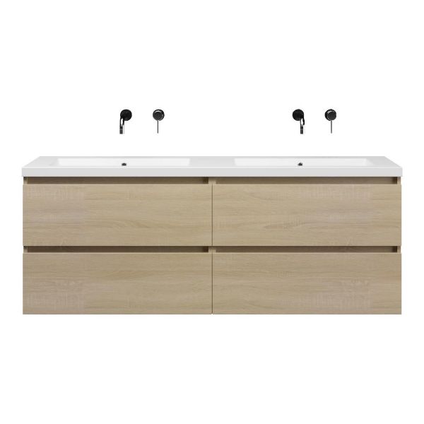 Bellanti Elena/Esta-Q badmeubel 160x46 4 softclose laden eiken licht greeploos quartz dubbele wastafel mat wit zonder kraangaten