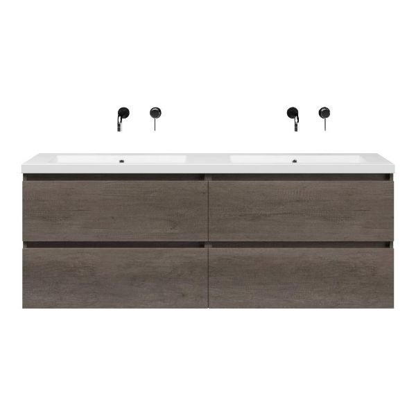 Bellanti Elena/Esta-Q badmeubel 160x46 4 softclose laden olm donker grijs greeploos quartz dubbele wastafel mat wit zonder kraangaten