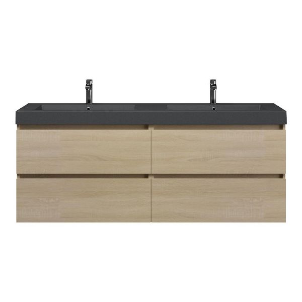 Bellanti Elena/Esta badmeubel 160x46 4 softclose laden eiken licht greeploos polystone dubbele wastafel mat grijs 2 kraangaten