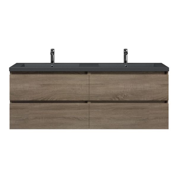 Bellanti Elena/Esta badmeubel 160x46 4 softclose laden eiken donker greeploos polystone dubbele wastafel mat grijs 2 kraangaten