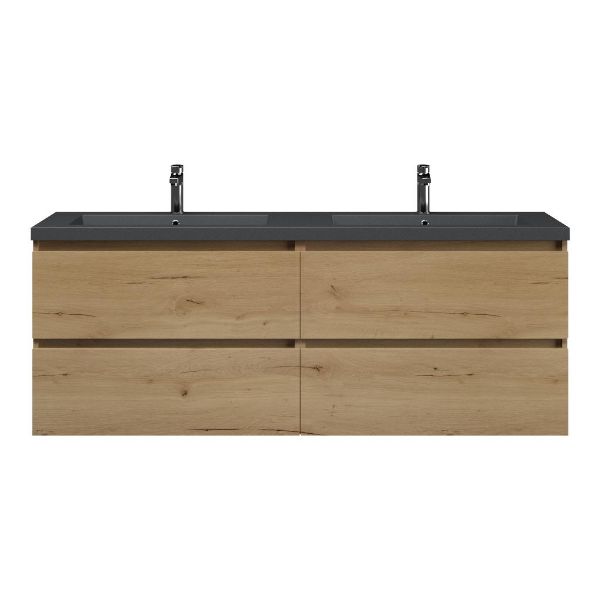 Bellanti Elena/Esta badmeubel 160x46 4 softclose laden eiken natuur greeploos polystone dubbele wastafel mat grijs 2 kraangaten