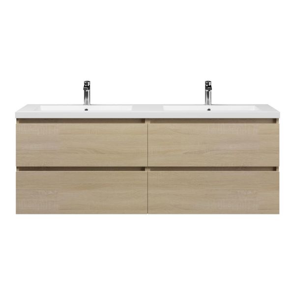 Bellanti Elena/Esta badmeubel 160x46 4 softclose laden eiken licht greeploos polystone dubbele wastafel mat wit 2 kraangaten