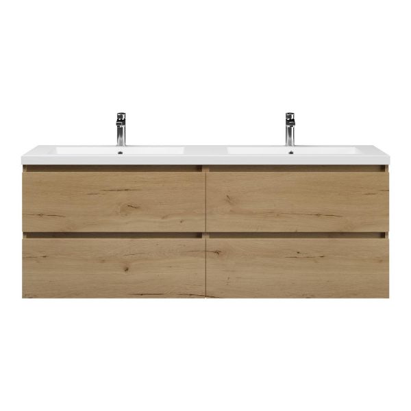 Bellanti Elena/Esta badmeubel 160x46 4 softclose laden eiken natuur greeploos polystone dubbele wastafel mat wit 2 kraangaten