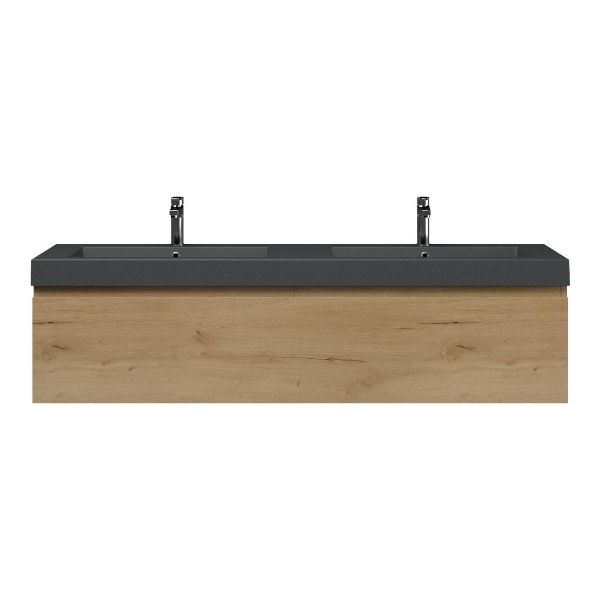 Bellanti Solo/Esta badmeubel 160x46 2 softclose laden eiken natuur greeploos polystone dubbele wastafel mat grijs 2 kraangaten