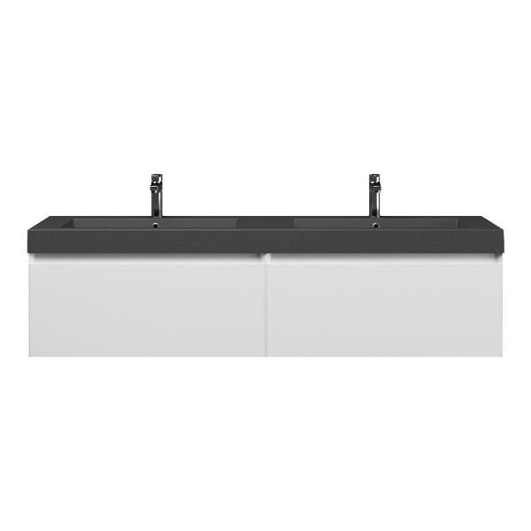 Bellanti Solo/Esta badmeubel 160x46 2 softclose laden hoogglans wit greeploos polystone dubbele wastafel mat grijs met 2 kraangaten