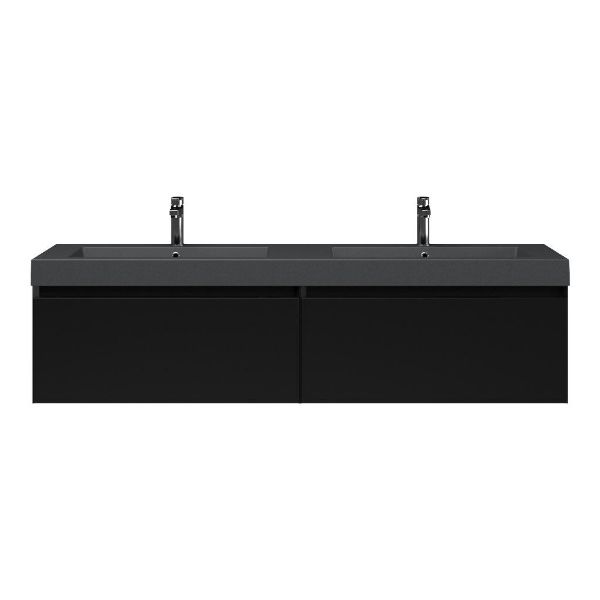 Bellanti Solo/Esta badmeubel 160x46 2 softclose laden mat zwart greeploos polystone dubbele wastafel mat grijs met 2 kraangaten