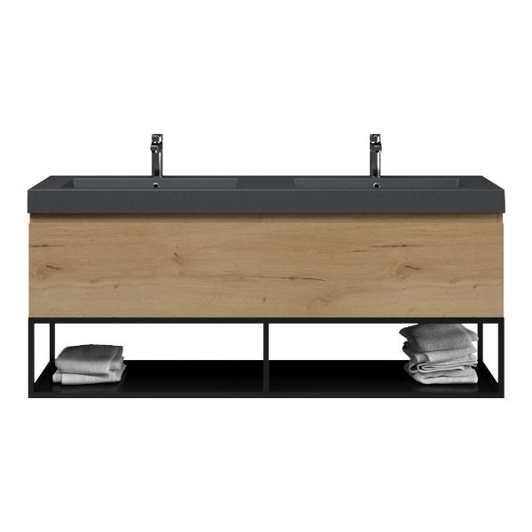 Bellanti Solo/Tela/Esta badmeubel 160x46 2 softclose laden eiken natuur greeploos polystone dubbele wastafel mat grijs 2 kraangaten met mat zwart metalen frame