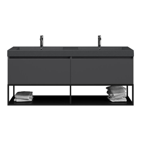 Bellanti Solo/Tela/Esta badmeubel 160x46 2 softclose laden mat antraciet greeploos polystone dubbele wastafel mat grijs met 2 kraangaten met mat zwart metalen frame