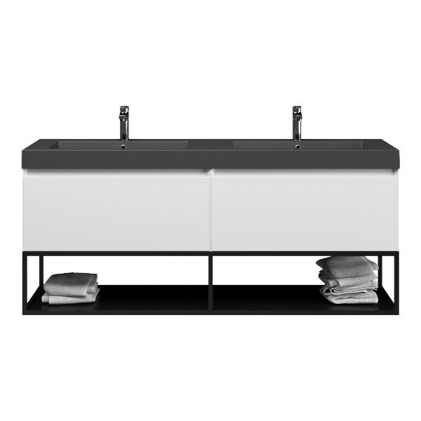 Bellanti Solo/Tela/Esta badmeubel 160x46 2 softclose laden mat wit greeploos polystone dubbele wastafel mat grijs met 2 kraangaten met mat zwart metalen frame