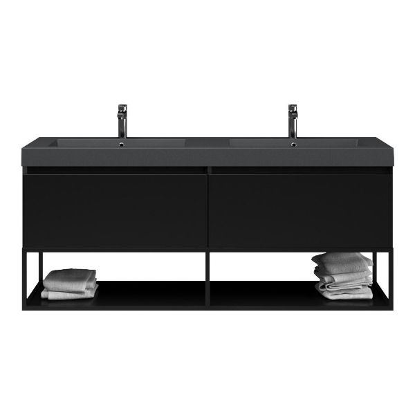 Bellanti Solo/Tela/Esta badmeubel 160x46 2 softclose laden mat zwart greeploos polystone dubbele wastafel mat grijs met 2 kraangaten met mat zwart metalen frame