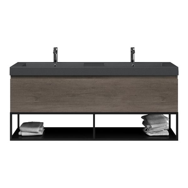Bellanti Solo/Tela/Esta badmeubel 160x46 2 softclose laden olm donker grijs greeploos polystone dubbele wastafel mat grijs 2 kraangaten met mat zwart metalen frame