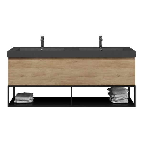 Bellanti Solo/Tela/Esta badmeubel 160x46 2 softclose laden olm greeploos polystone dubbele wastafel mat grijs 2 kraangaten met mat zwart metalen frame