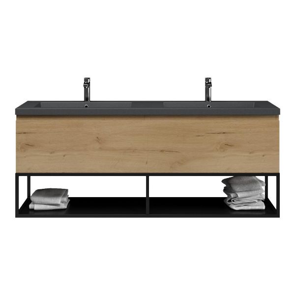 Bellanti Solo/Tela/Esta badmeubel 160x46 2 softclose laden eiken natuur greeploos polystone dubbele wastafel mat grijs 2 kraangaten met mat zwart metalen frame
