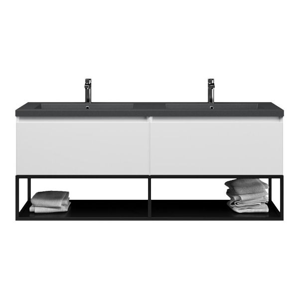 Bellanti Solo/Tela/Esta badmeubel 160x46 2 softclose laden hoogglans wit greeploos polystone dubbele wastafel mat grijs met 2 kraangaten met mat zwart metalen frame