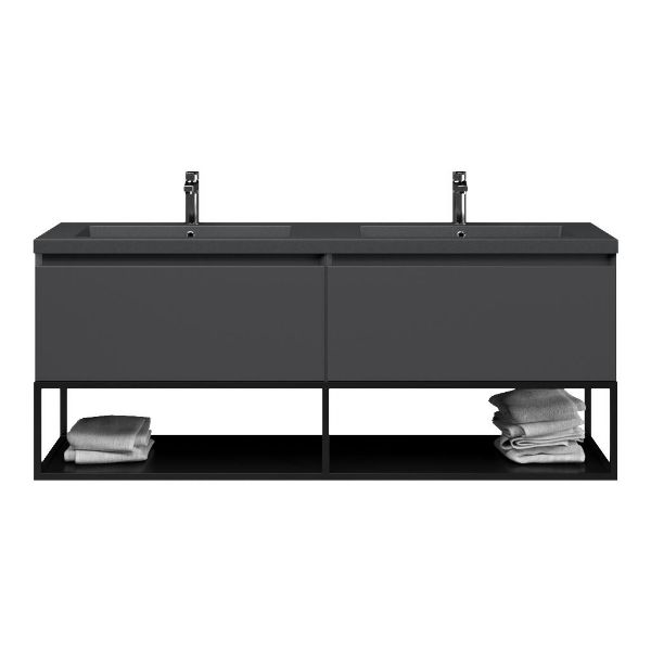 Bellanti Solo/Tela/Esta badmeubel 160x46 2 softclose laden mat antraciet greeploos polystone dubbele wastafel mat grijs met 2 kraangaten met mat zwart metalen frame