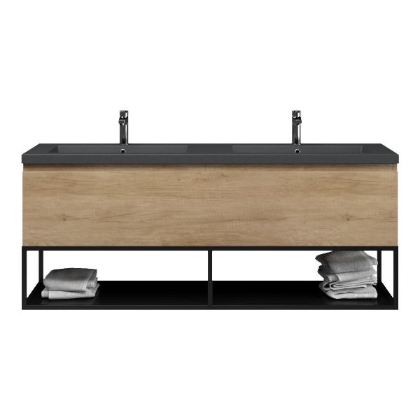 Bellanti Solo/Tela/Esta badmeubel 160x46 2 softclose laden olm greeploos polystone dubbele wastafel mat grijs 2 kraangaten met mat zwart metalen frame