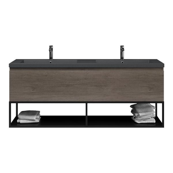 Bellanti Solo/Tela/Esta badmeubel 160x46 2 softclose laden olm donker grijs greeploos polystone dubbele wastafel mat grijs 2 kraangaten met mat zwart metalen frame