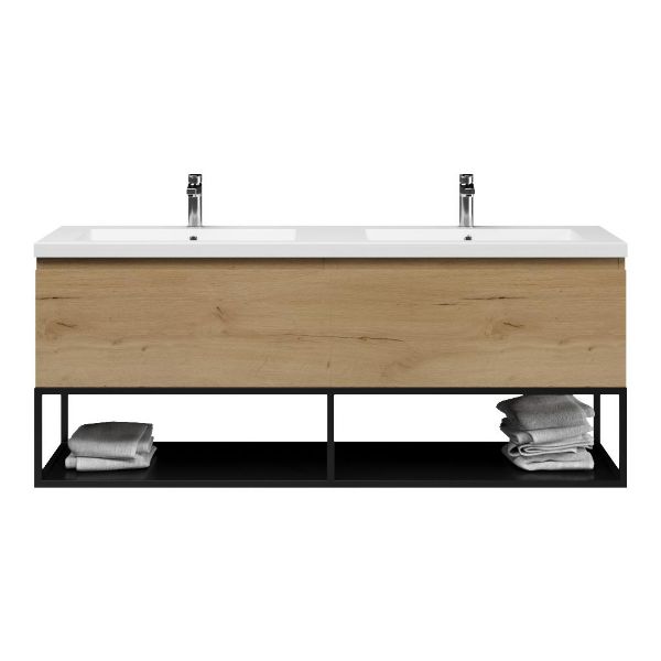 Bellanti Solo/Tela/Esta badmeubel 160x46 2 softclose laden eiken natuur greeploos polystone dubbele wastafel mat grijs 2 kraangaten met mat zwart metalen frame