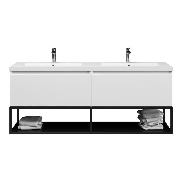 Bellanti Solo/Tela/Esta badmeubel 160x46 2 softclose laden hoogglans wit greeploos polystone dubbele wastafel mat grijs met 2 kraangaten met mat zwart metalen frame