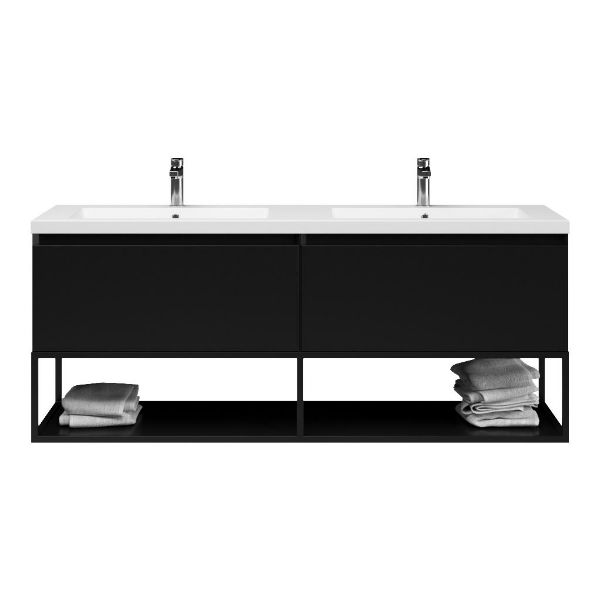 Bellanti Solo/Tela/Esta badmeubel 160x46 2 softclose laden mat zwart greeploos polystone dubbele wastafel mat grijs met 2 kraangaten met mat zwart metalen frame