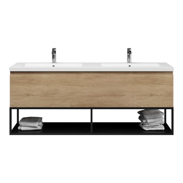 Bellanti Solo/Tela/Esta badmeubel 160x46 2 softclose laden olm greeploos polystone dubbele wastafel mat grijs 2 kraangaten met mat zwart metalen frame