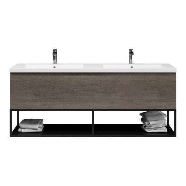 Bellanti Solo/Tela/Esta badmeubel 160x46 2 softclose laden olm donker grijs greeploos polystone dubbele wastafel mat grijs 2 kraangaten met mat zwart metalen frame