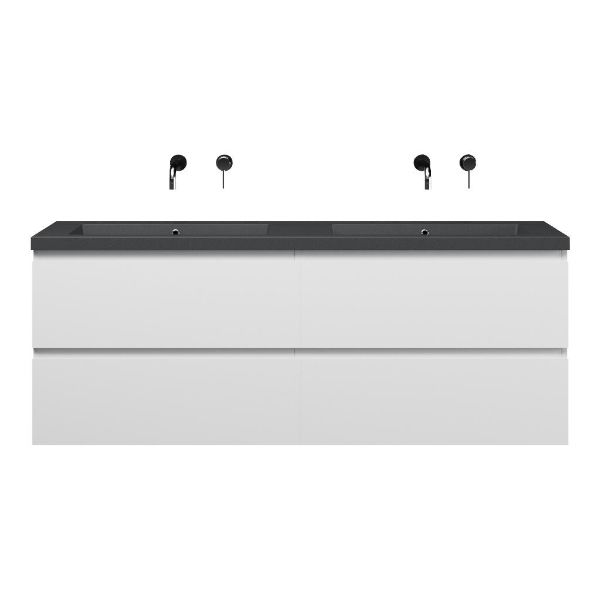 Bellanti Gisella/Esta-Q badmeubel 160x46 4 softclose laden mat wit greeploos quartz dubbele wastafel mat grijs zonder kraangaten