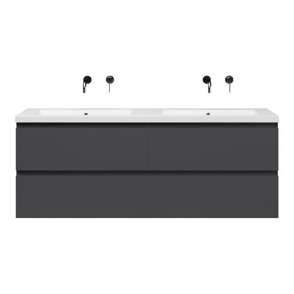 Bellanti Gisella/Esta-Q badmeubel 160x46 4 softclose laden mat antraciet greeploos quartz dubbele wastafel mat wit zonder kraangaten