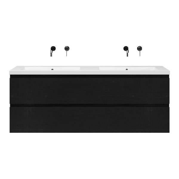 Bellanti Gisella/Esta-Q badmeubel 160x46 4 softclose laden zwart mat eiken greeploos quartz dubbele wastafel mat wit zonder kraangaten