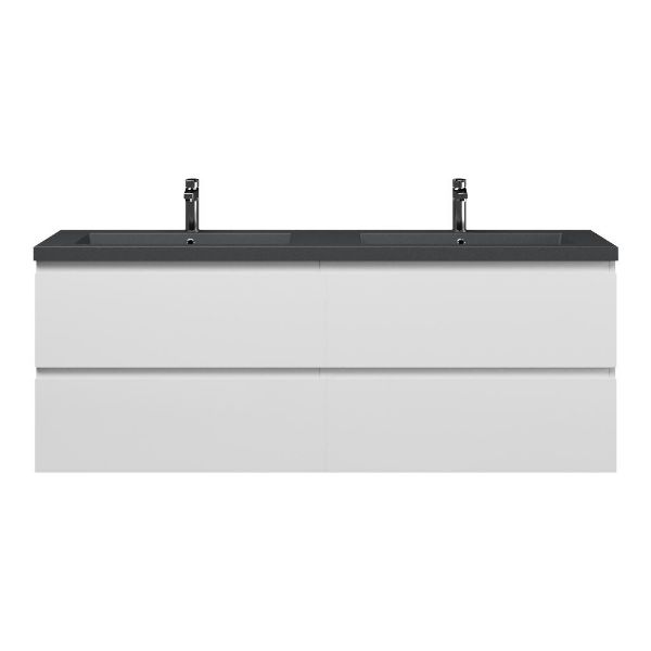 Bellanti Gisella/Esta badmeubel 160x46 4 softclose laden hoogglans wit greeploos polystone dubbele wastafel mat grijs met 2 kraangaten