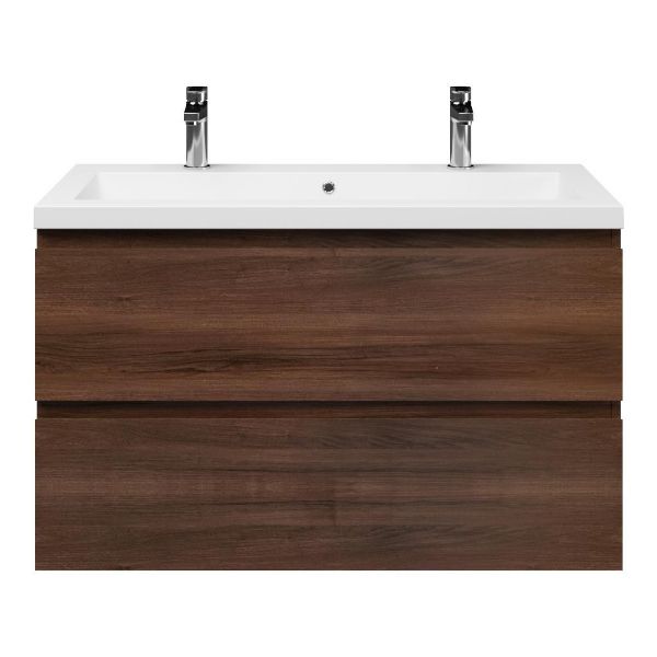 Bellanti Gisella/Esta badmeubel 100x46 2 softclose laden walnoot greeploos polystone wastafel wit met 2 kraangaten