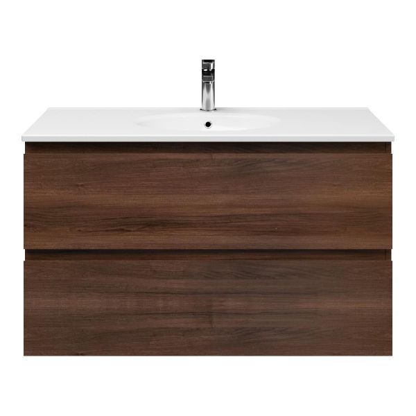 Bellanti Gisella/Ovale badmeubel 100x46 2 softclose laden walnoot greeploos keramische wastafel wit met 1 kraangat