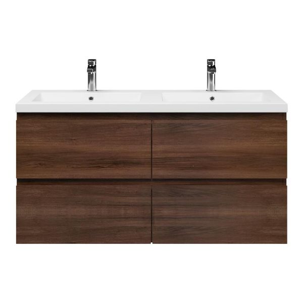 Bellanti Gisella/Esta badmeubel 120x46 4 softclose laden walnoot greeploos polystone wastafel dubbel wit met 2 kraangaten