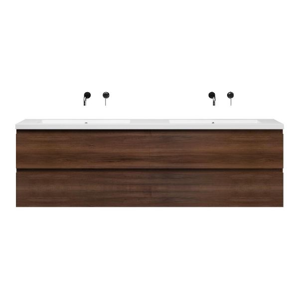 Bellanti Gisella/Esta-q badmeubel 200x46 4 softclose laden walnoot greeploos quartz dubbele wastafel mat wit zonder kraangaten