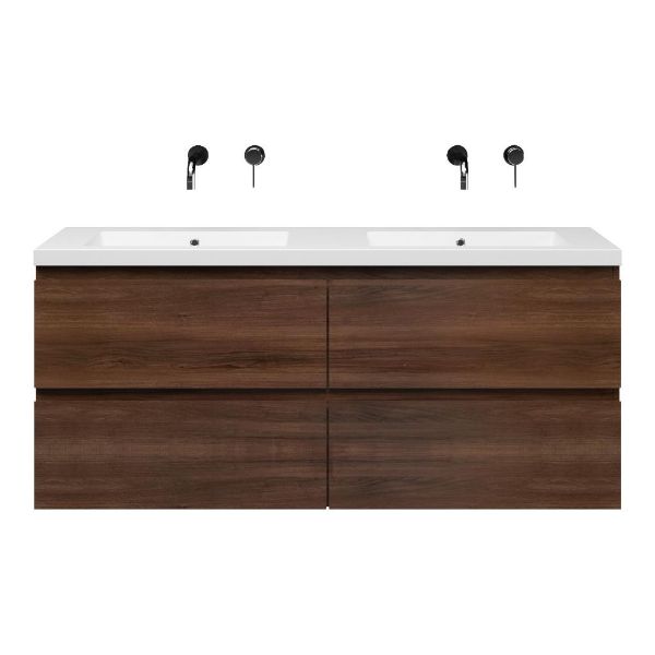Bellanti Gisella/Esta-Q badmeubel 140x46 4 softclose laden walnoot greeploos quartz wastafel dubbel mat wit zonder kraangaten