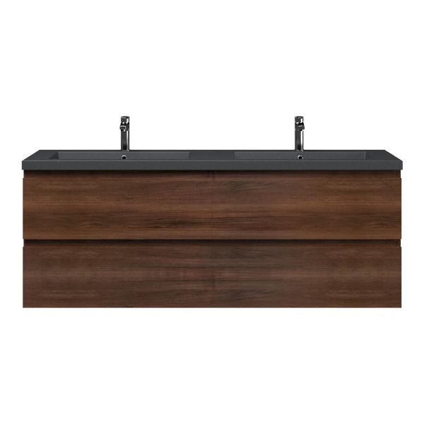 Bellanti Gisella/Esta badmeubel 160x46 4 softclose laden walnoot greeploos polystone dubbele wastafel mat grijs met 2 kraangaten