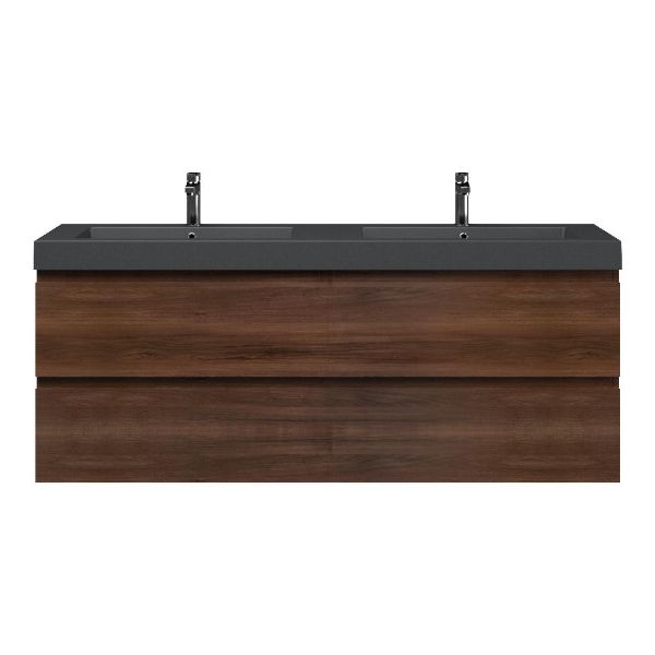 Bellanti Gisella/Esta badmeubel 160x46 4 softclose laden walnoot greeploos polystone dubbele wastafel mat grijs met 2 kraangaten